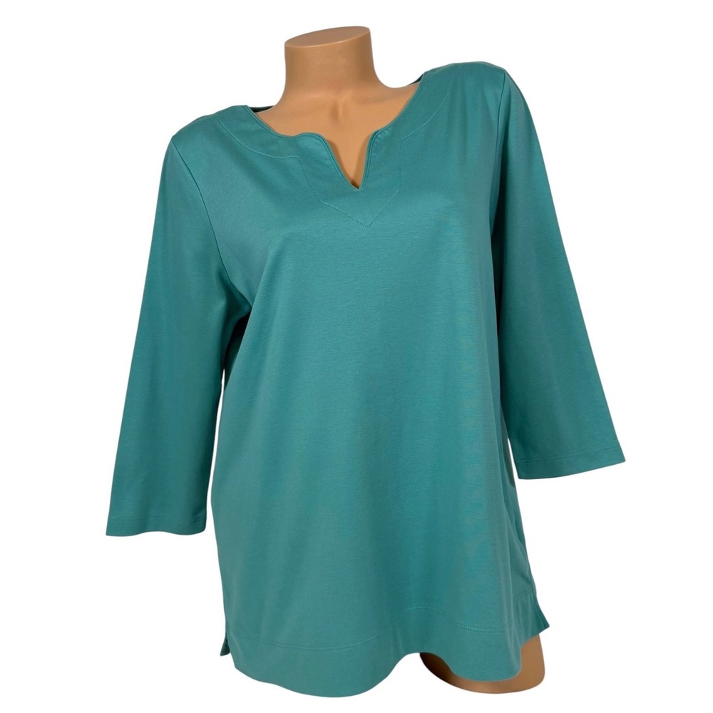 LL Bean Womens XL Supima Cotton Split Neck 3/4 Sleeve Tunic Top Teal Blue